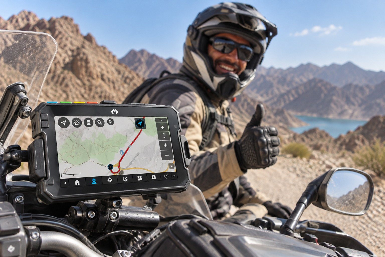 Smiling rider giving a thumbs up behind a DMD Navigation tablet mounted on his motorcycle in the Hatta mountains, UAE