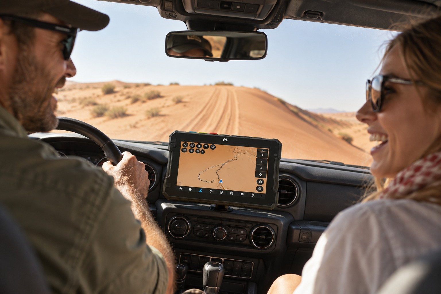 Two friends laughing in a 4x4 driving through the UAE desert with a DMD Navigation tablet on the dashboard