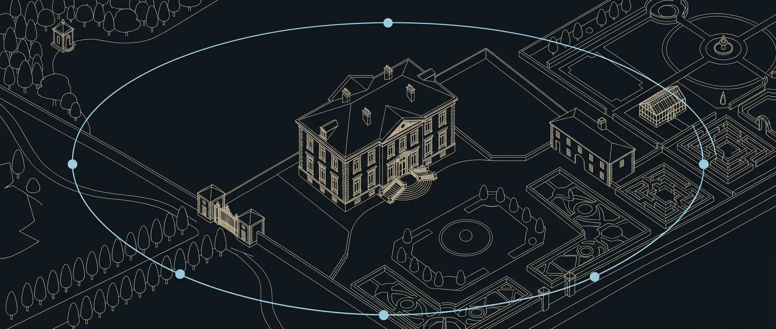 Isometric wireframe of the embassy facade in Oslo showing terrestrial laser scanner positions