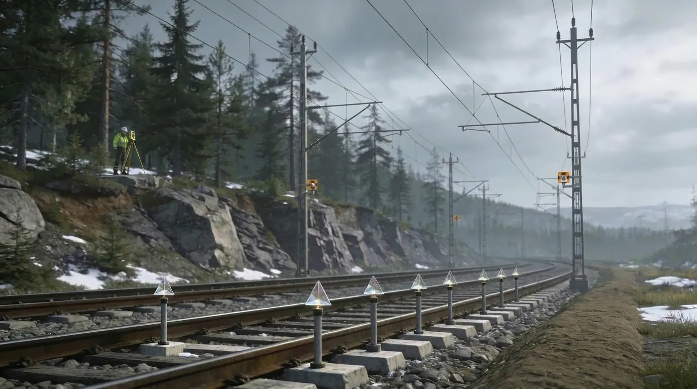 Surveyor with total station monitoring railway track settlement in Norway